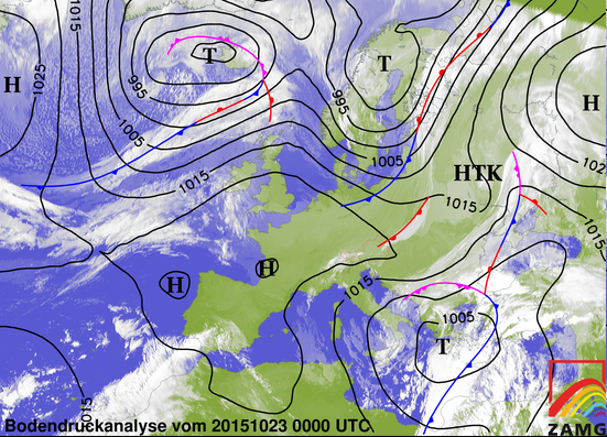 ZAMG Bodendruckanalyse 23.10.15, 00 UTC