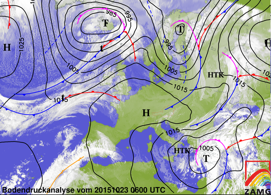 ZAMG Bodendruckanalyse 23.10.15, 06 UTC