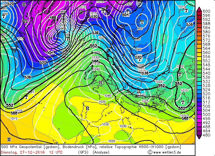 500 hPa Geopotential und Bodendruck