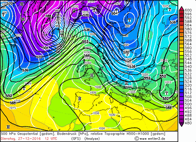 500 hPa Geopotential und Bodendruck