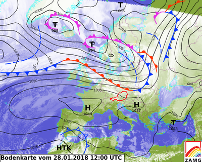 Bodenanalyse-Karte ZAMG, 28.1.18, 12 UTC