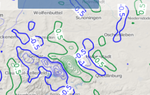 Gut zu erkennen das verbundene Steiggebiet, das den Flug im Steigen von Wernigerode Richtung Osterwieck/Schladen ermöglichte.
