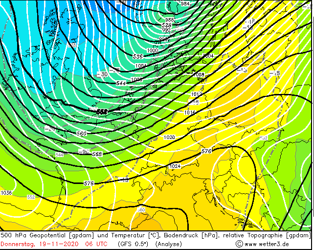 500 hPa Geopotential / Temperatur /Bodendruck, 6 UTC