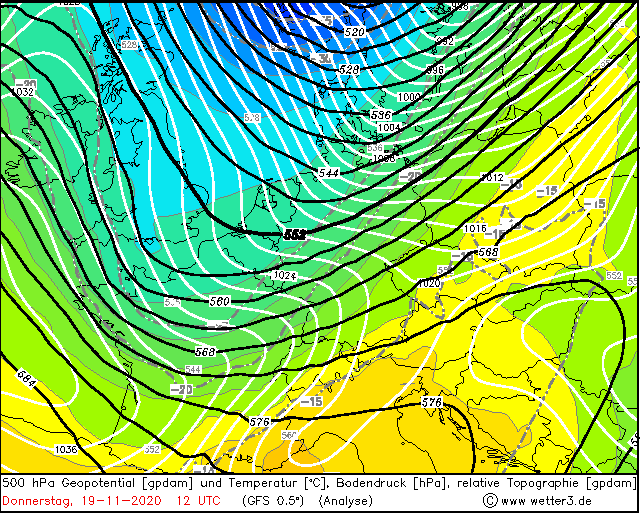 500 hPa Geopotential / Temperatur /Bodendruck, 12 UTC