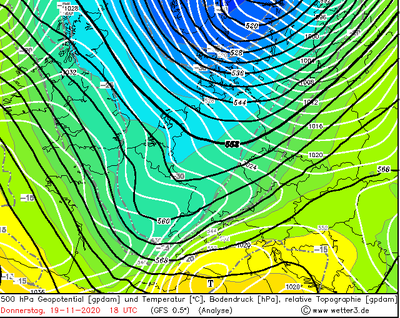 500 hPa Geopotential / Temperatur /Bodendruck, 18 UTC