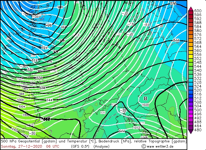 500 hPa Geopotential / Temperatur / Bodendruck, 6 UTC