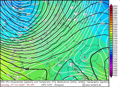 500 hPa Geopotential / Temperatur / Bodendruck, 6 UTC