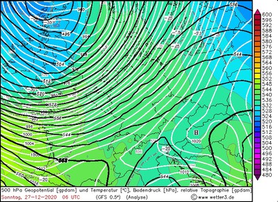 500 hPa Geopotential / Temperatur / Bodendruck, 6 UTC