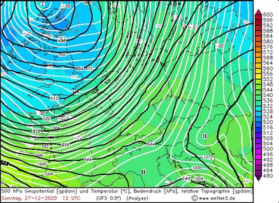 500 hPa Geopotential / Temperatur / Bodendruck, 12 UTC