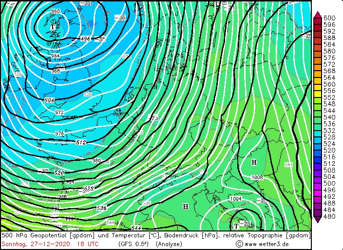 500 hPa Geopotential / Temperatur / Bodendruck, 18 UTC