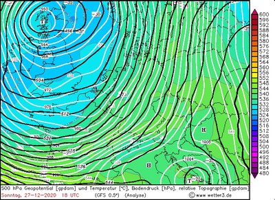 500 hPa Geopotential / Temperatur / Bodendruck, 18 UTC