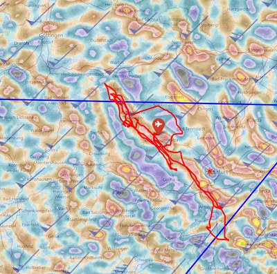 Flugweg und vorhergesagte Steiggebiete von RASP NL (1 km Auflösung)