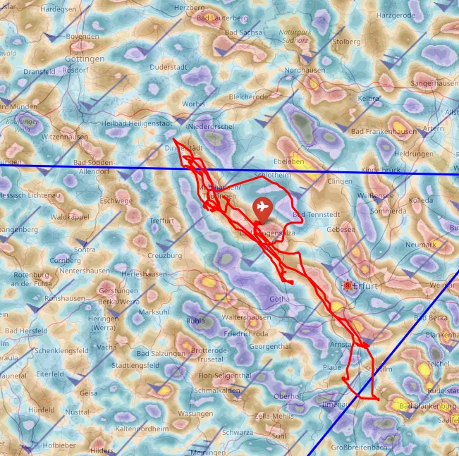 Flugweg und vorhergesagte Steiggebiete von RASP NL (1 km Auflösung)