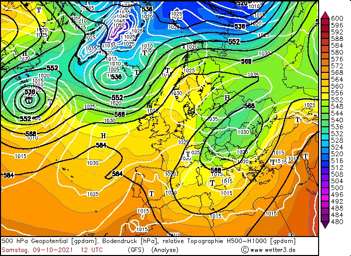 500 hPa Geopotential / Temperatur / Bodendruck, 12 UTC