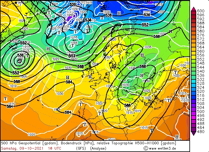 500 hPa Geopotential / Temperatur / Bodendruck, 18 UTC