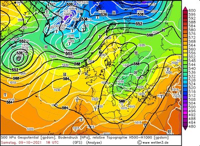 500 hPa Geopotential / Temperatur / Bodendruck, 18 UTC