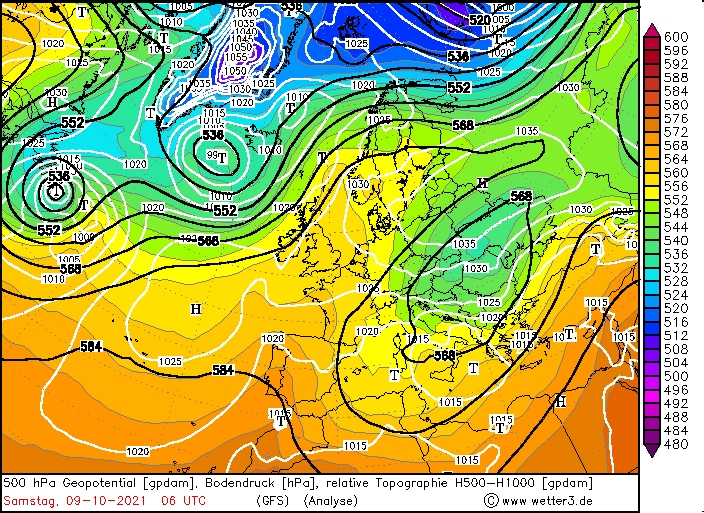 500 hPa Geopotential / Temperatur / Bodendruck, 6 UTC