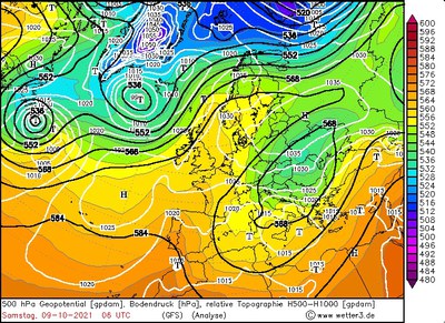 500 hPa Geopotential / Temperatur / Bodendruck, 6 UTC