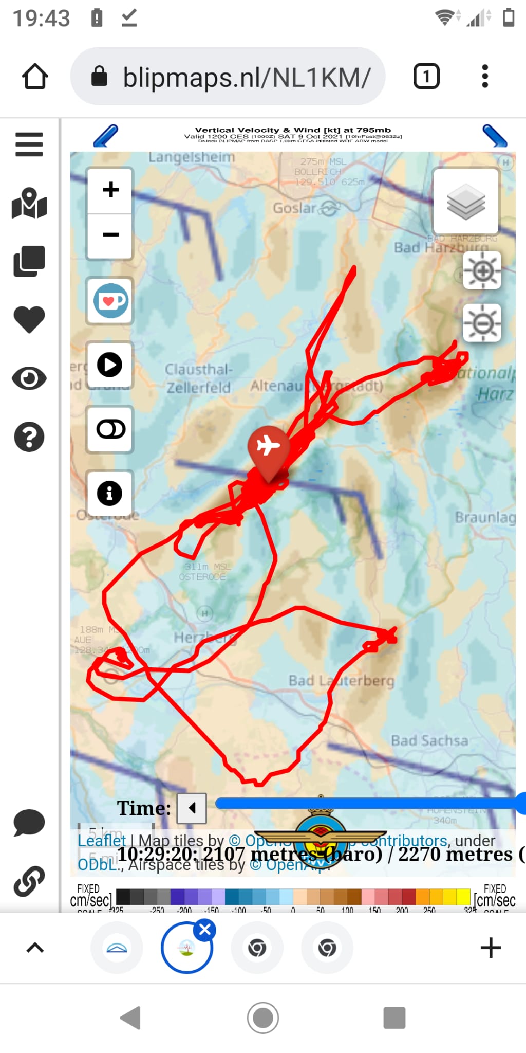 Flugweg  LS6 und RASP/NL(1km)-Vorhersage